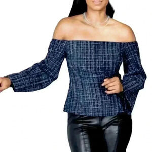 Zara Women’s size XS off shoulder bell sleeve tweed texture plaid navy/black